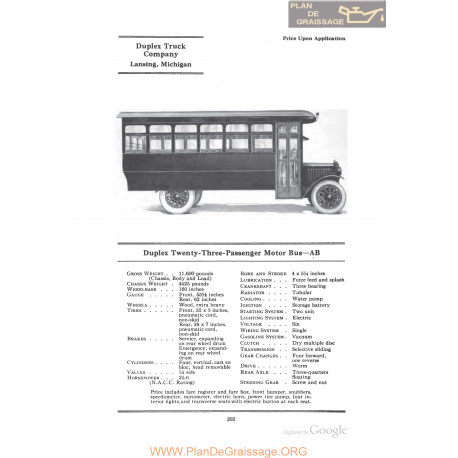 Duplex Twenty Three Passenger Motor Bus Ab Fiche Info 1922
