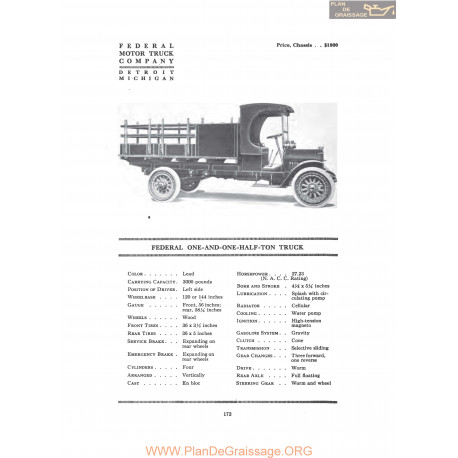 Federal One And One Half Ton Truck Fiche Info 1916