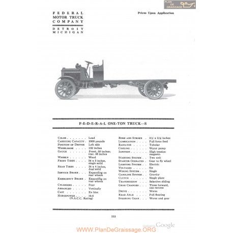 Federal One Ton Truck S Fiche Info 1918
