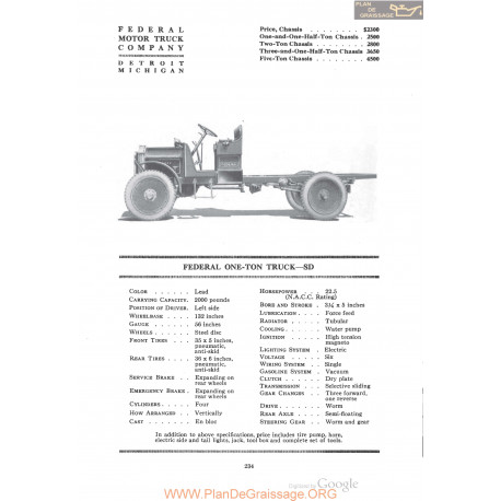 Federal One Ton Truck Sd Fiche Info 1920