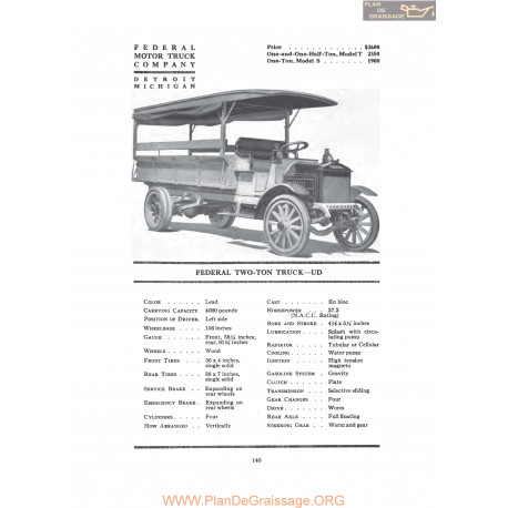 Federal Two Ton Truck Ud Fiche Info 1919