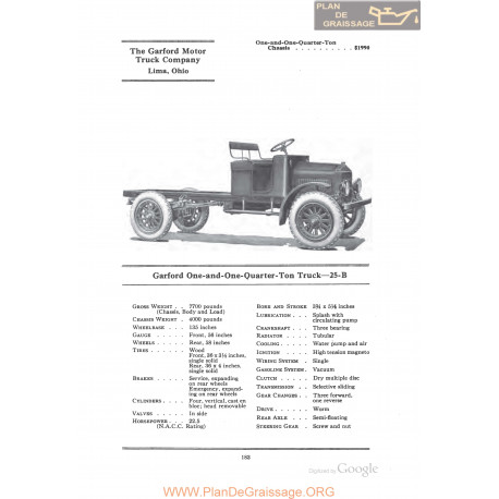 Garford One And One Quarter Ton Truck 25b Fiche Info 1922