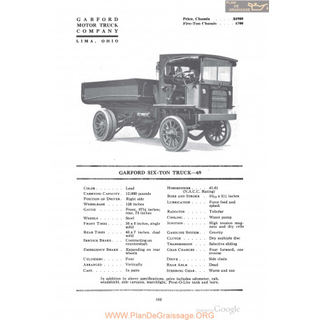 Garford Six Ton Truck 69 Fiche Info 1918