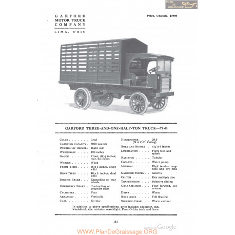 Garford Three And One Half Ton Truck 77b Fiche Info 1918