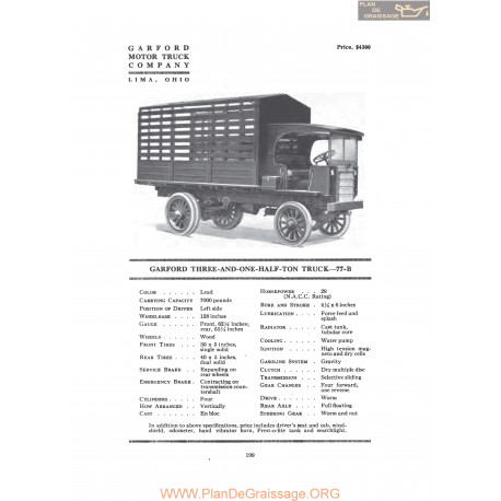 Garford Three And One Half Ton Truck 77b Fiche Info 1919