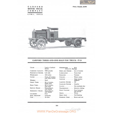 Garford Three And One Half Ton Truck 77d Fiche Info 1920