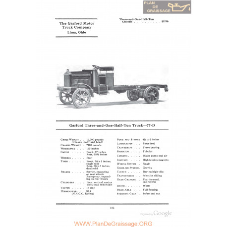 Garford Three And One Half Ton Truck 77d Fiche Info 1922