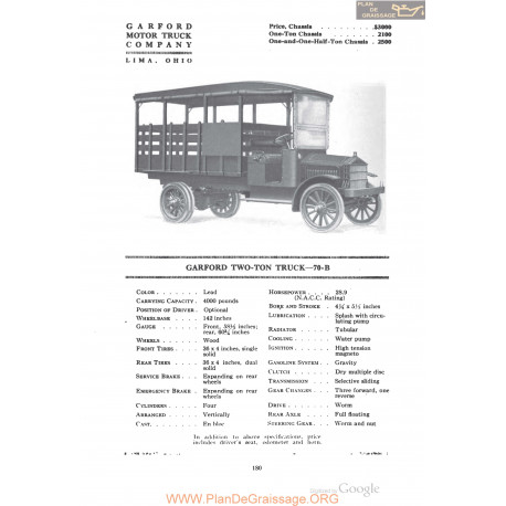 Garford Two Ton Truck 70b Fiche Info 1918