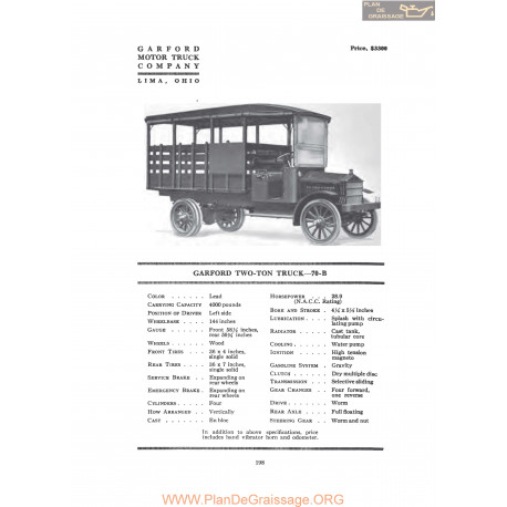 Garford Two Ton Truck 70b Fiche Info 1919