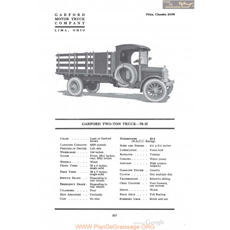 Garford Two Ton Truck 70h Fiche Info 1920