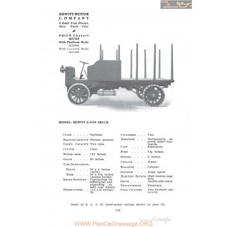 Hewitt 2 Ton Truck Fiche Info 1910