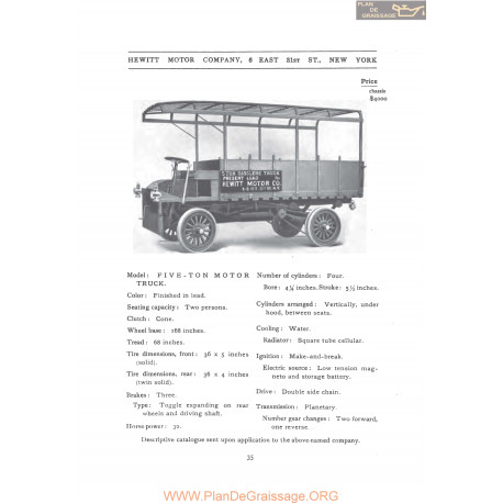 Hewitt Five Ton Truck Fiche Info 1907