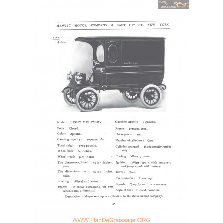 Hewitt Light Delivery Fiche Info 1906