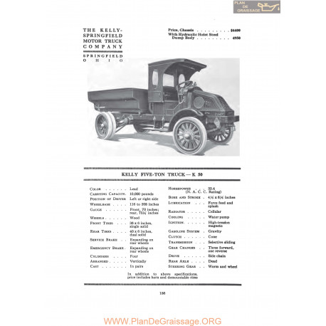 Kelly Springfield Five Ton Truck K50 Fiche Info 1917