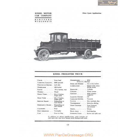 Kissel Freighter Truck Fiche Info 1919