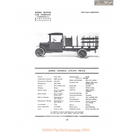 Kissel General Utility Truck Fiche Info 1919