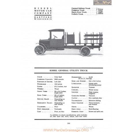 Kissel General Utility Truck Fiche Info 1920