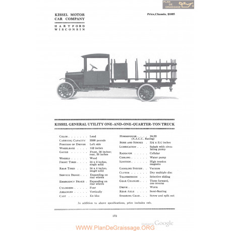 Kissel Genreal Utility One And One Quarter Ton Truck Fiche Info 1918