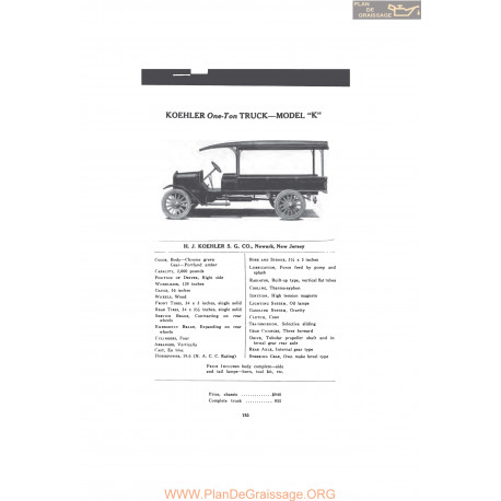 Koehler One Ton Truck Model K Fiche Info 1916