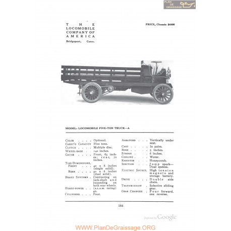 Locomobile Five Ton Truck A Fiche Info 1912