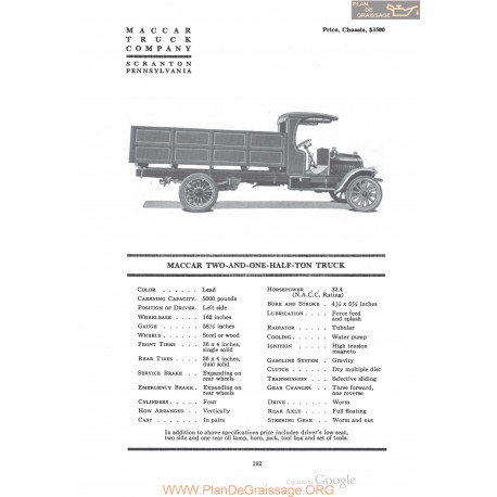 Maccar Two And One Half Ton Truck Fiche Info 1920