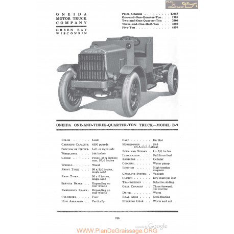 Oneida One And Three Quarter Ton Truck Model B9 Fiche Info 1920