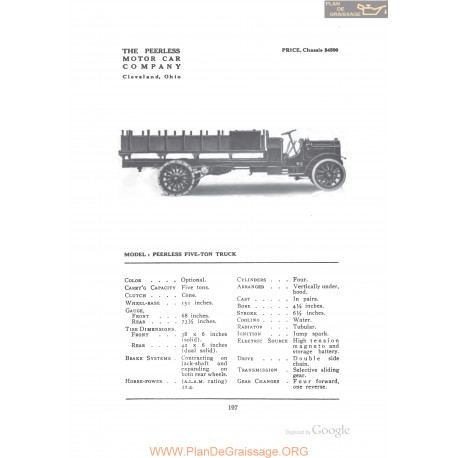 Peerless Five Ton Truck Fiche Info 1912