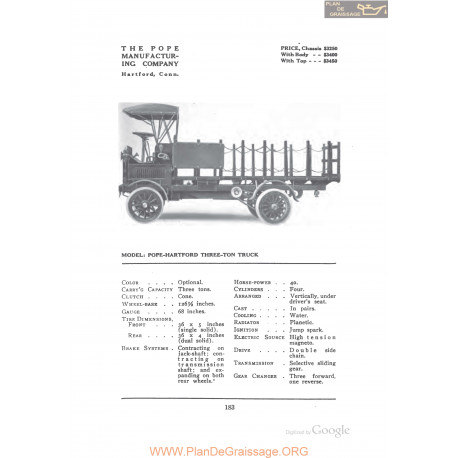 Pope Hartford Three Ton Truck Fiche Info 1912