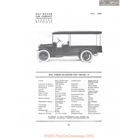 Reo Three Quarter Ton Truck F Fiche Info 1916