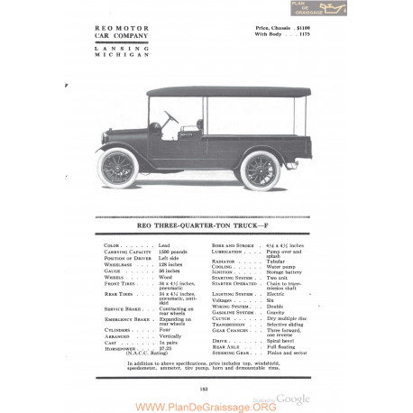 Reo Three Quarter Ton Truck F Fiche Info 1918