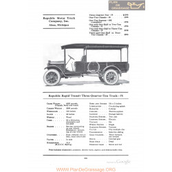 Republic Rapid Transit Three Quarter Ton Truck 75 Fiche Info 1922