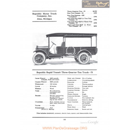 Republic Rapid Transit Three Quarter Ton Truck 75 Fiche Info 1922