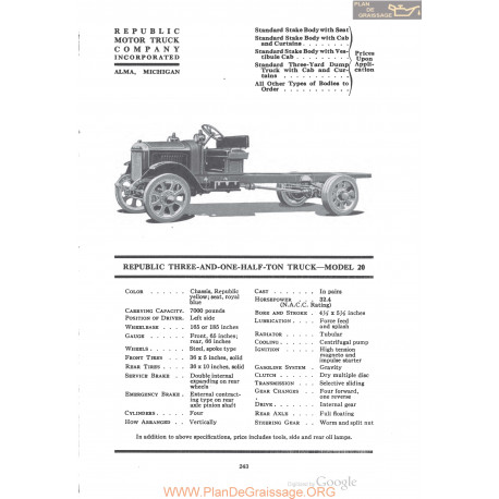 Republic Three And One Half Ton Truck Model 20 Fiche Info 1920