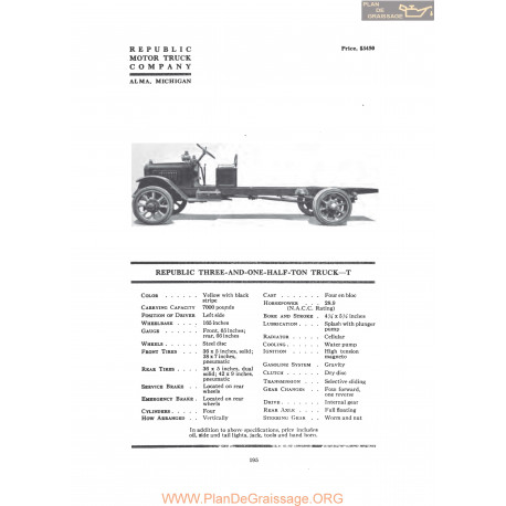 Republic Three And One Half Ton Truck T Fiche Info 1919