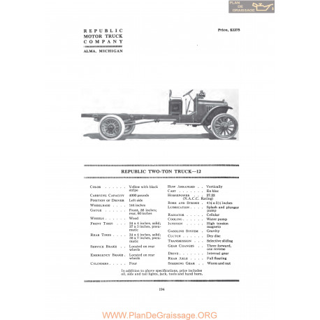 Republic Two Ton Truck 12 Fiche Info 1919