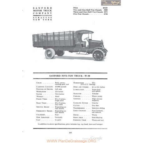 Sanford Five Ton Truck W50 Fiche Info 1920