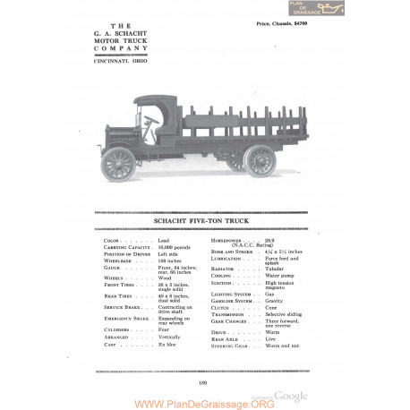 Schacht Five Ton Truck Fiche Info 1918