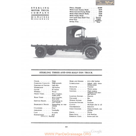 Sterling Three And One Half Ton Truck Fiche Info 1918