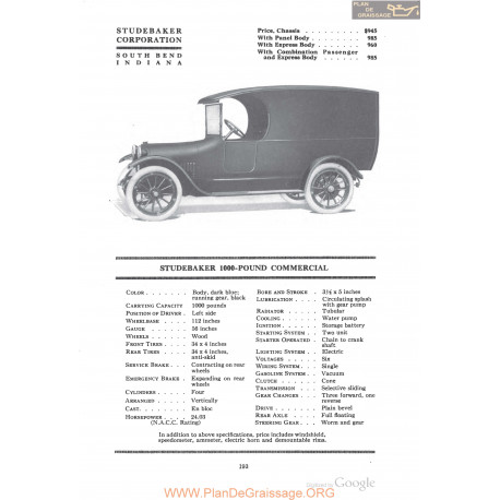 Studebaker 1000 Pound Commercial Fiche Info 1918