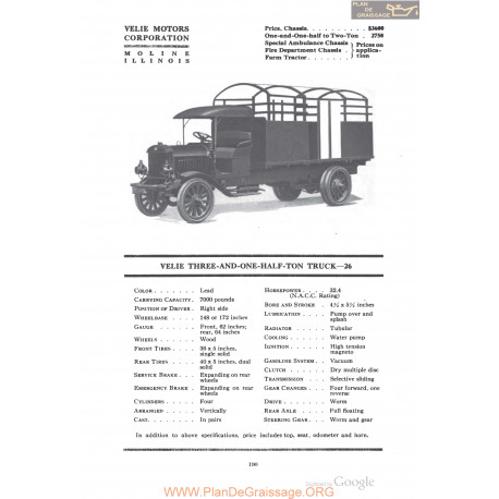 Velie Three And One Half Ton Truck 26 Fiche Info 1918