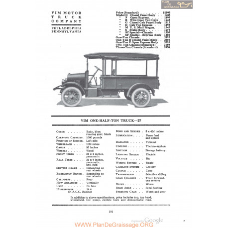 Vim One Half Ton Truck 27 Fiche Info 1920