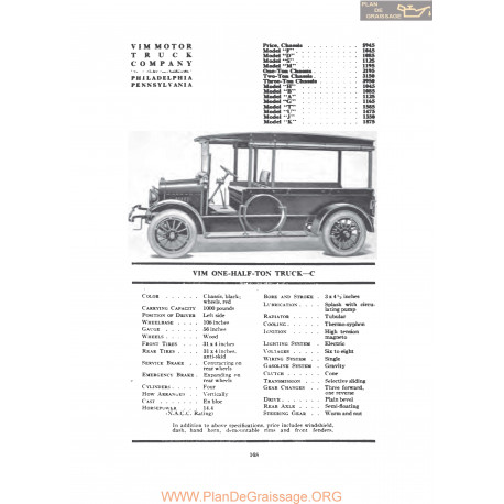 Vim One Half Ton Truck C Fiche Info 1919