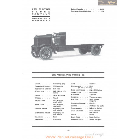 Vim Three Ton Truck 23 Fiche Info 1918