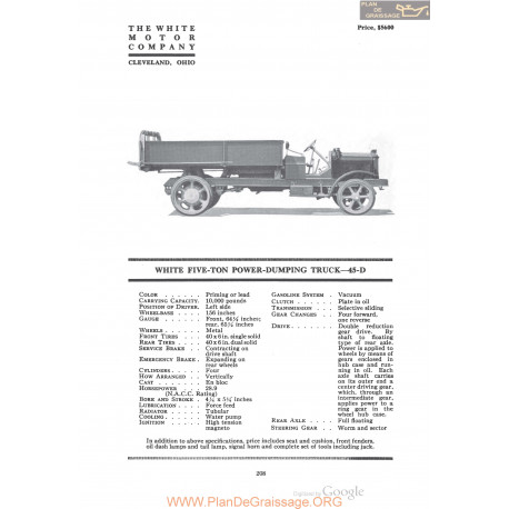 White Five Ton Power Dumping Truck 45d Fiche Info 1920
