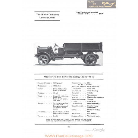 White Five Ton Power Dumping Truck 45d Fiche Info 1922