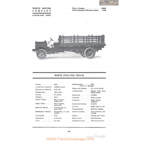 White Five Ton Truck Fiche Info 1918