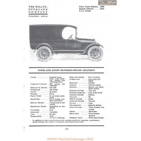 Willys Overland Eight Hundred Pound Delivery Fiche Info 1917