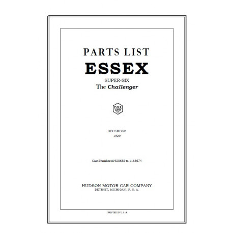 Essex 1929 Parts List December