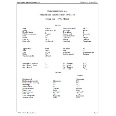 Essex 1930 Ref Sheet 35 Mech Specs