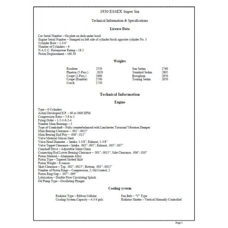 Essex 1930 Tech Information